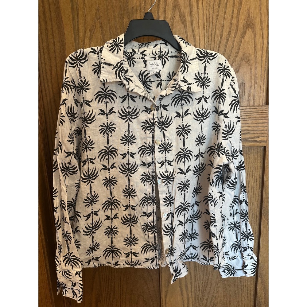 Nicole Miller New York Womens Linen Palm Tree Print Button Down Shirt White XL